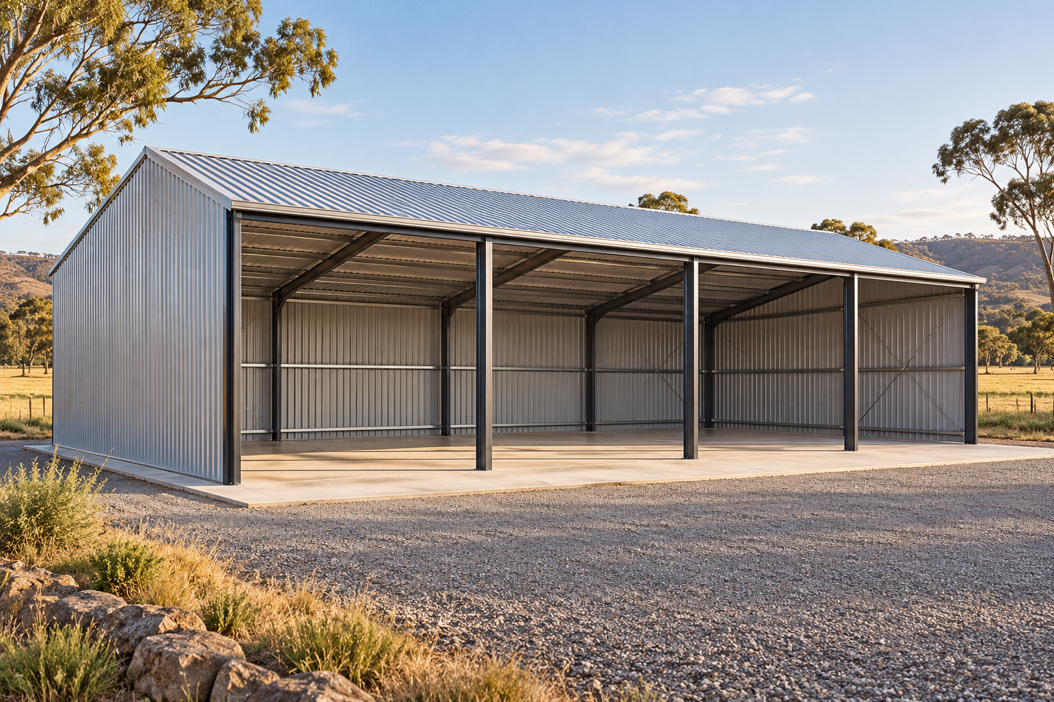 Illustrative silver open-front machinery shed on a rural property