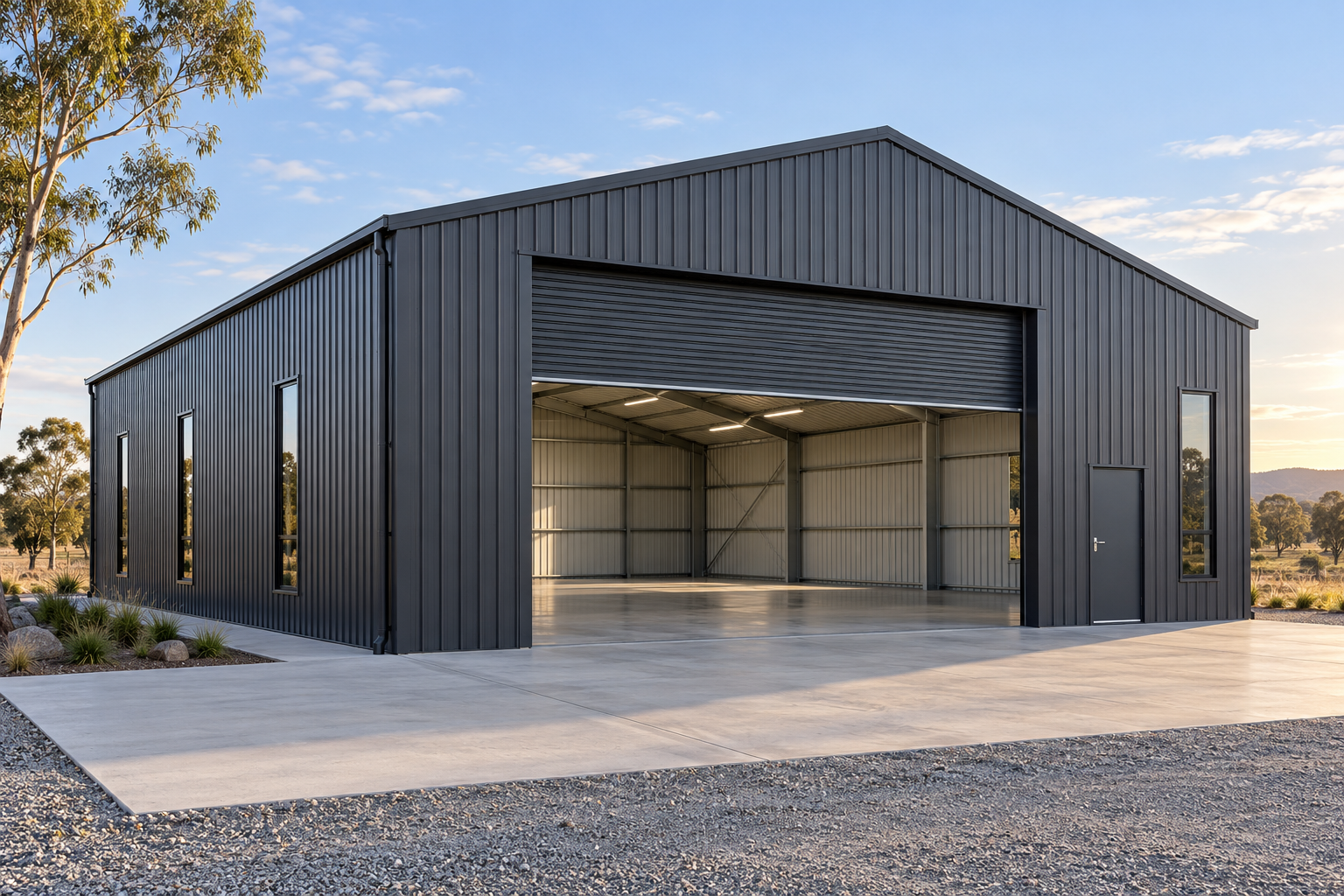 Illustrative charcoal commercial workshop with a wide roller door